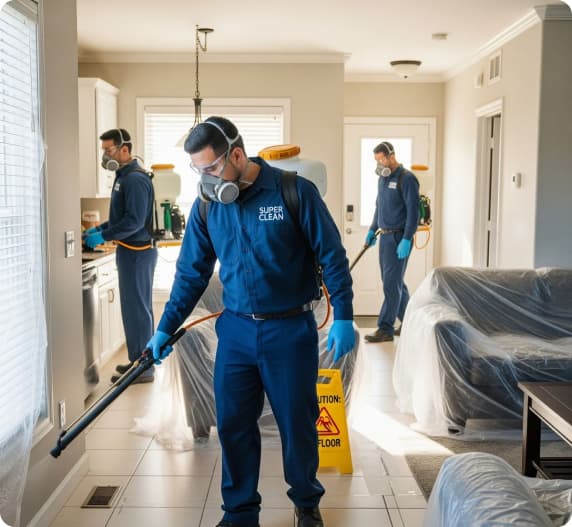 Pest control team servicing a home