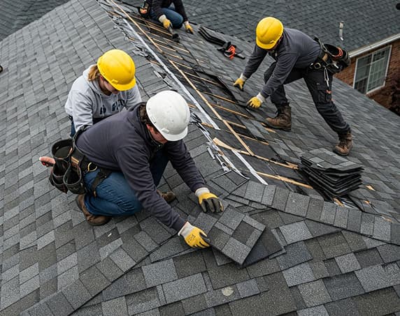 Roofing contractors working on a roof